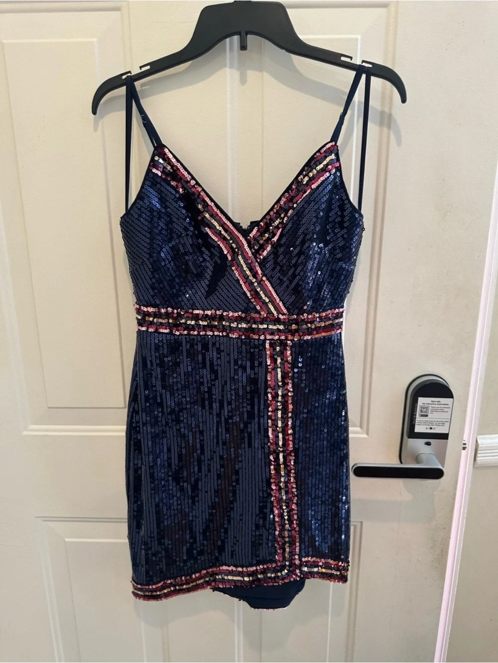 BCBGMaxAzria Navy Sequin Mini Dress with Pink Trim